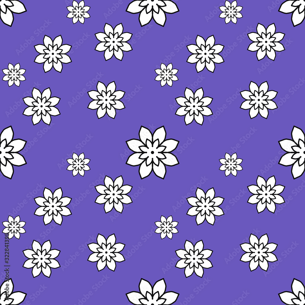 Seamless repeat pattern with white flowers  on lilac background. drawn fabric, gift wrap, wall art design, wrapping paper, background, fabric print, web page backdrop.