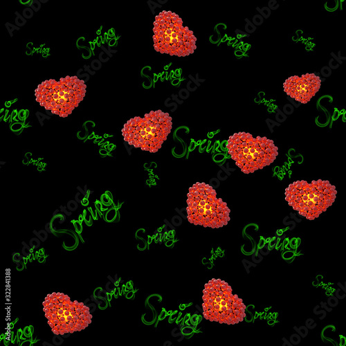 Spring green lettering word made of smoke isolated on black background with heart. Seamless design pattern. 3d illustration