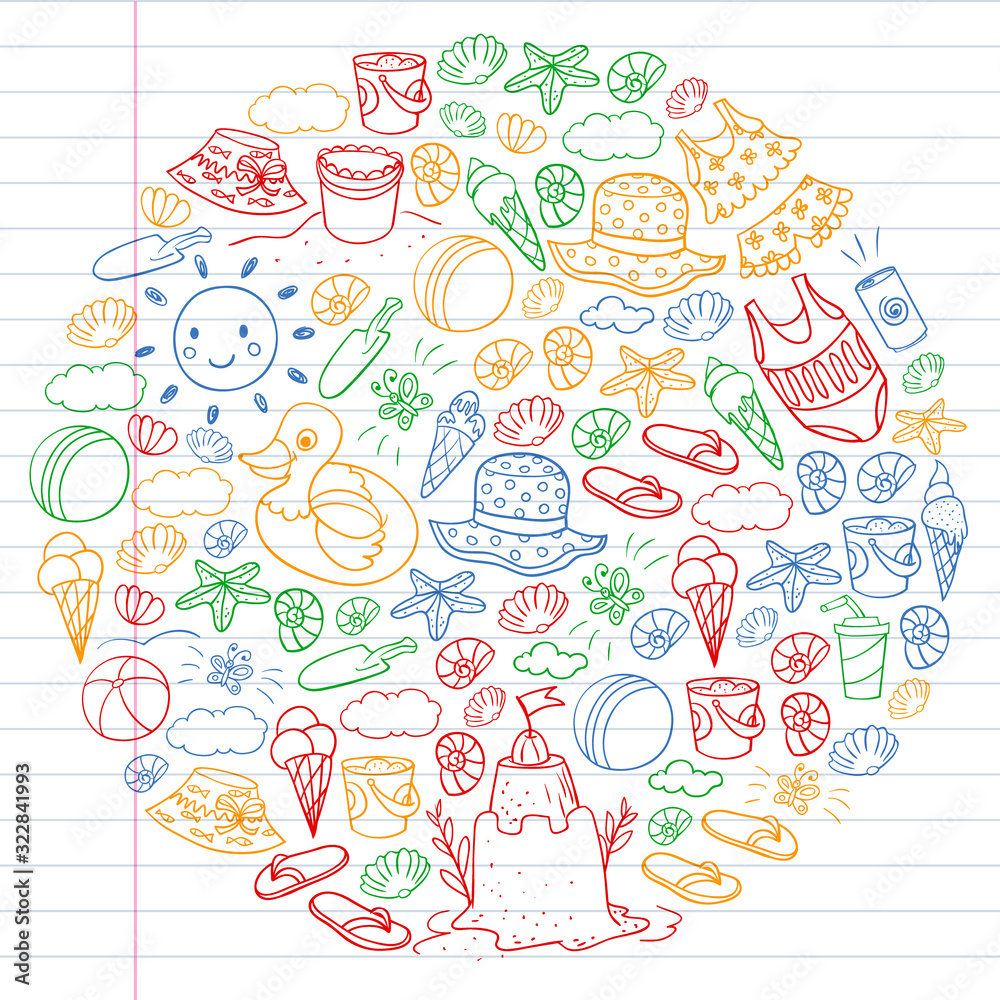 Fototapeta premium Vector set of beach icons for summer posters, banners. Sea, ocean vacations. Kids drawing style.