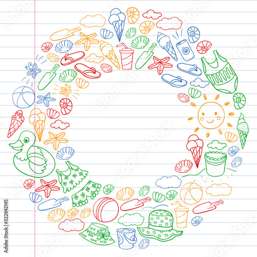 Vector set of beach icons for summer posters, banners. Sea, ocean vacations. Kids drawing style.