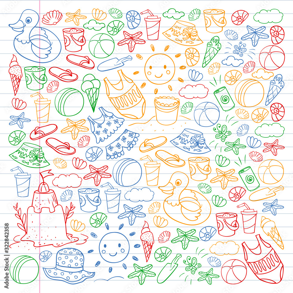 Vector set of beach icons for summer posters, banners. Sea, ocean vacations. Kids drawing style. Vector set of beach icons for summer posters, banners. Sea, ocean vacations. Kids drawing style.