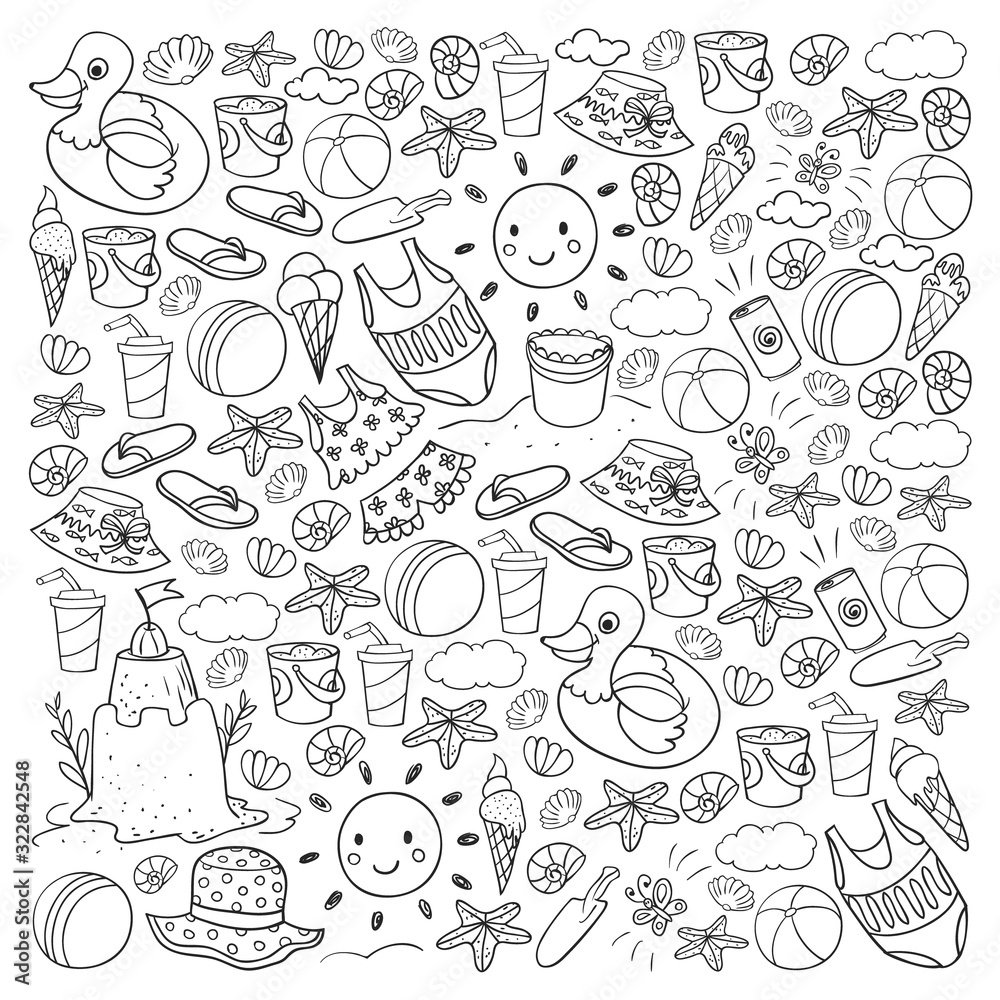 Fototapeta premium Vector set of beach icons for summer posters, banners. Sea, ocean vacations. Kids drawing style.