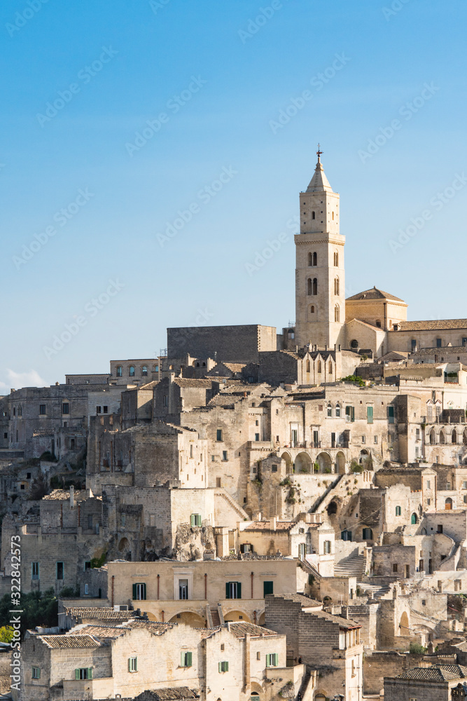 cityscape of Unesco town Matera. Chatedral and houses. Italy