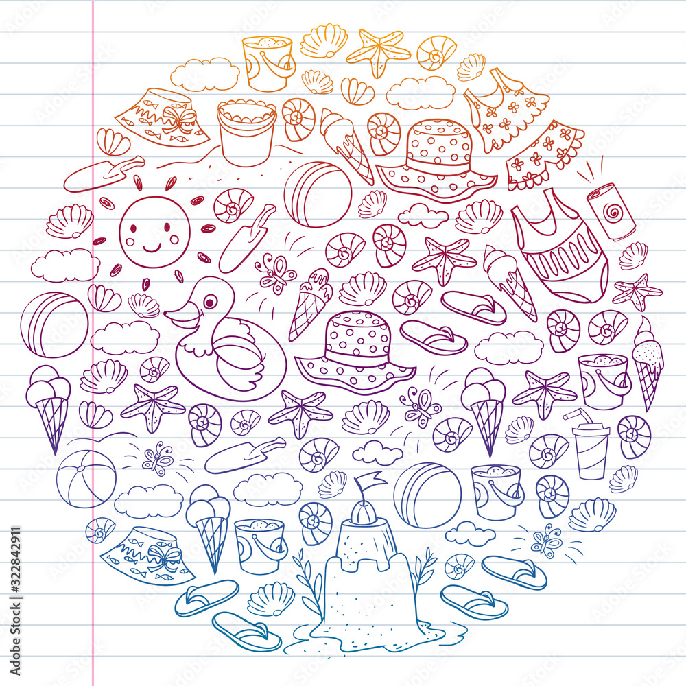 Vector set of beach icons for summer posters, banners. Sea, ocean vacations. Kids drawing style. Vector set of beach icons for summer posters, banners. Sea, ocean vacations. Kids drawing style.