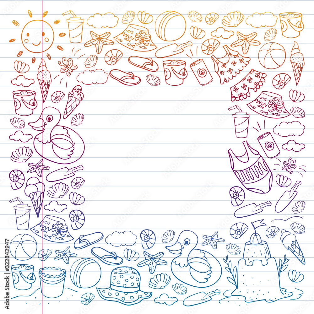Vector set of beach icons for summer posters, banners. Sea, ocean vacations. Kids drawing style. Vector set of beach icons for summer posters, banners. Sea, ocean vacations. Kids drawing style.