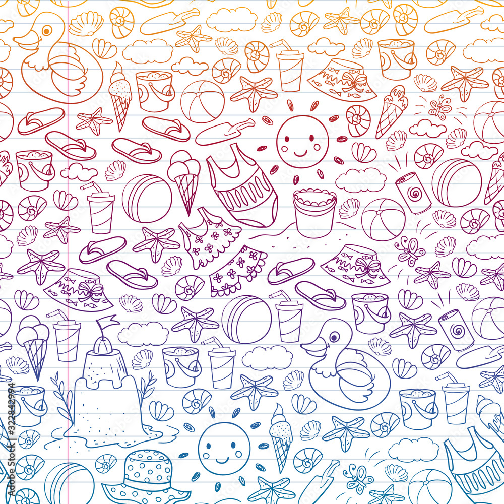 Vector set of beach icons for summer posters, banners. Sea, ocean vacations. Kids drawing style. Vector set of beach icons for summer posters, banners. Sea, ocean vacations. Kids drawing style.