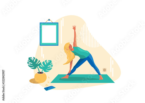 A girl is doing morning exercises or she is doing yoga or doing stretching. Daily gymnastics at home and caring for a healthy body © CaptainMCity