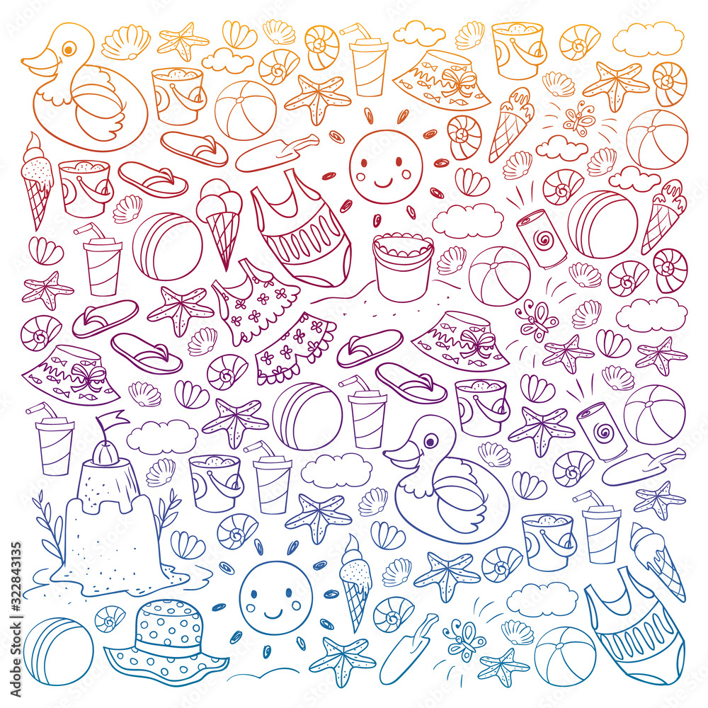 Vector set of beach icons for summer posters, banners. Sea, ocean vacations. Kids drawing style. Vector set of beach icons for summer posters, banners. Sea, ocean vacations. Kids drawing style.