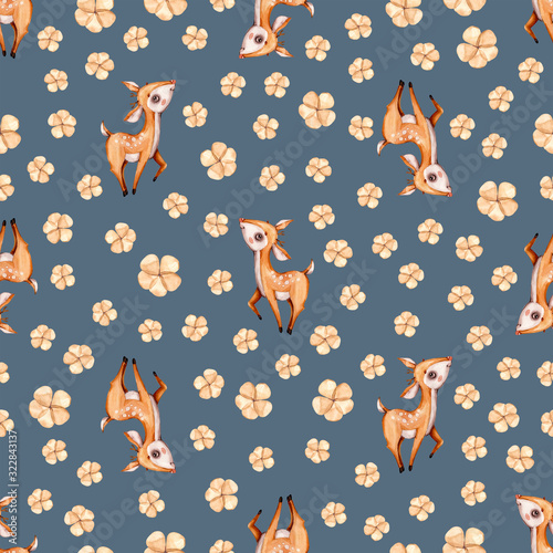 Wallpaper Mural Watercolor cute nursery naive hand painted seamless pattern with deer forest woodland animal. Childish Handpainted print on blue background Watercolour Kids Art fabric wallpaper baby shower invit.. Torontodigital.ca