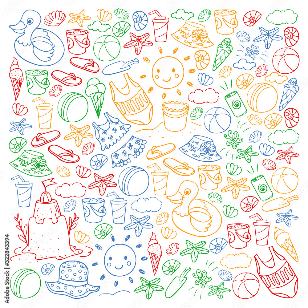 Vector set of beach icons for summer posters, banners. Sea, ocean vacations. Kids drawing style. Vector set of beach icons for summer posters, banners. Sea, ocean vacations. Kids drawing style.
