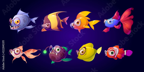 Cute fish with glasses for kid ophthalmologist clinic. Vector cartoon characters in eyeglasses, emoji for decoration oculist cabinet. Medical examining baby eye
