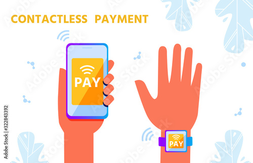 Contactless Payment via Phone and NFC Bracelet. Human Hands, Smartphone Synchronized with Smartwatch for Cashless Transactions. Near Field Communication. Advertising Banner. Vector Flat Illustration