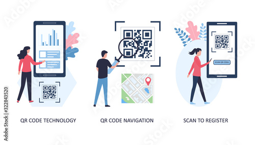 Concepts QR code navigation, registration and technology. Set of 3 images. Search for roads using a code scan, register on sites. Flat vector illustration isolated on white background.