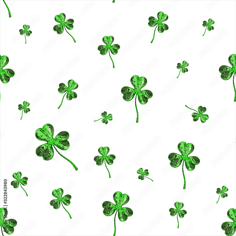 St. Patrick's Day 3d effect clover over space background. Decorative greeting grungy or postcard. Seamless texture. 3d illustration