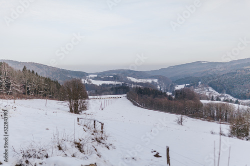 view of the forest and mountains covered with snow in winter