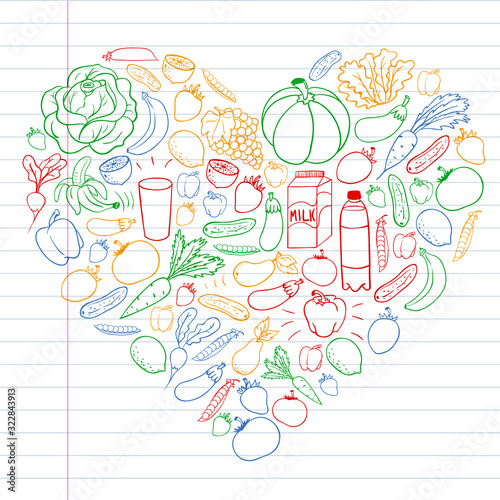 Wallpaper Mural Vector pattern with healthy food. Fruits and vegetables. Milk, dairy products. Pattern for store, mall, menu, cafe, restaurants. Torontodigital.ca