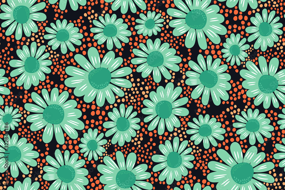 Floral fashion print with green daisies, drawn dots on a dark background. Creative seamless pattern. Trendy Botanical texture. Vector template for clothing design, fabrics, book covers, magazines...