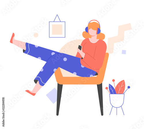 A young girl in headphones with a smartphone sits in a chair. Dressed in pajamas. Casual home comfort. Listens to an educational course, podcast, music or audiobook. Online media. Vector illustration