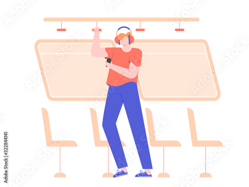 A young man in headphones with a mobile phone is standing in a bus. Holding on to the handrail, going to work, traveling. Listens to music, podcast, audio lesson or guide. Vector flat illustration.