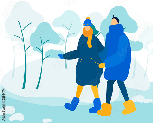 Young Loving Couple or Friends Wearing Winter Clothing Walking on Street. Winter Time Vacation, Fun, Happy Man and Woman Characters Leisure, Sparetime. Love, Relation, Cartoon Flat Vector Illustration