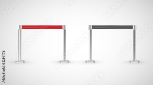 Red carpet vip entrance restriction vector, metallic poles with red ribbon to forbid passage, isolated on white background. Retractable belt stanchion for events, entertainments to keep the crowd away