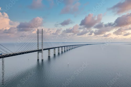 Obraz Beautiful aerial view of the Oresundsbron bridge between Denmark and Sweden, Oresundsbron. Oresund Bridge close up view at sunset.