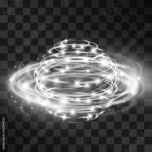 Silver glow crystal sphere vector light effect, galaxy of shining halo. Decorative glittering sparkles, stardust. Highlights, swirling motion orbits, luxurious planet design on transparent background