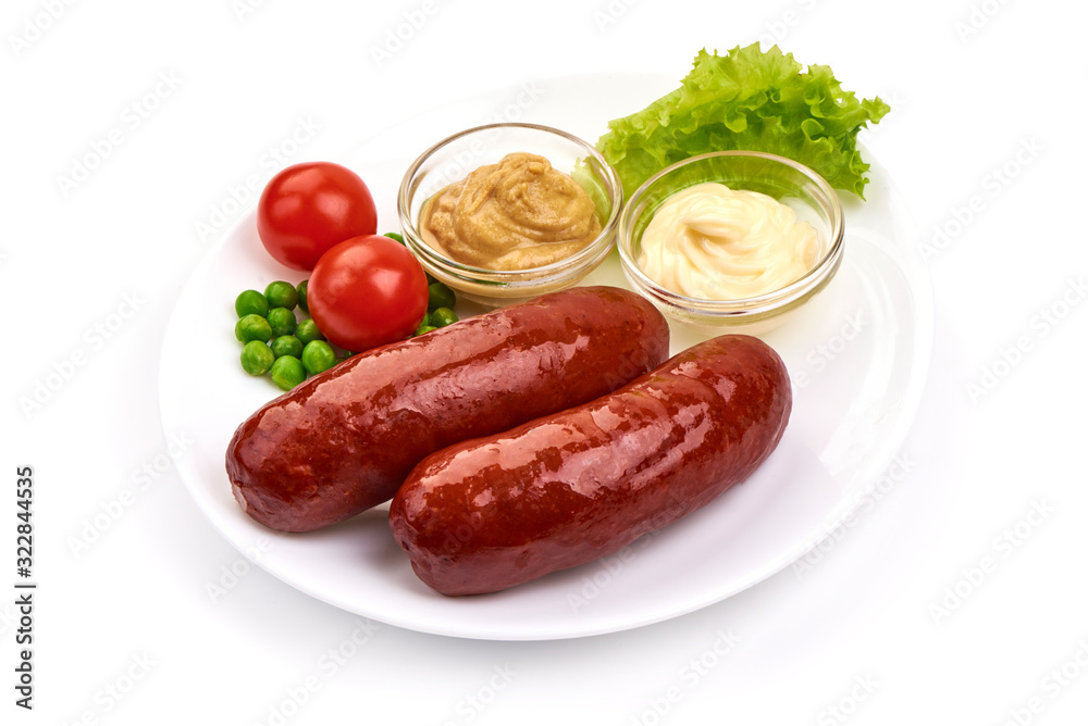 Traditional Smoked Sausages, isolated on white background Traditional Smoked Sausages, isolated on white background