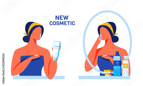 Cartoon Woman Customer Character near Mirror Testing New Cosmetics for Face and Body with Innovative Formula Consisting from Nano Particles and Natural Ingredients. Vector Flat Illustration