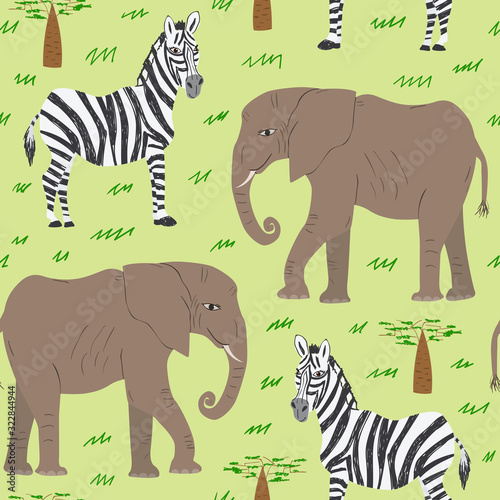 Seamless pattern of cartoon elephant, zebra and baobab tree. Repeatable textile vector print, childish wallpaper design. © ZaBelka