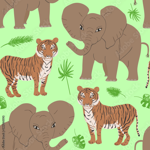 Seamless pattern of cartoon elephant and tiger. Repeatable textile vector print, childish wallpaper design.
