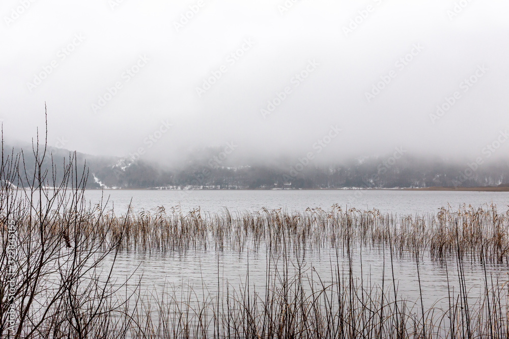 Lake, mountain and clouds. Foggy lake. Lake view at sunrise. Abant lake, Bolu