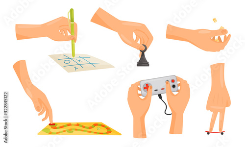 Human Hands Playing Different Games Like Oughts and Crosses and Chess Vector Set