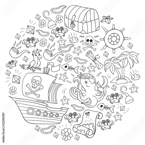 Vector set with pirate elements for birthday party for little children. Kids pattern with octopus, beach, treasure chest, ship