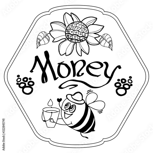 Cute cartoon honey bees and flowr - honey label design. Concept for organic honey products, package design.