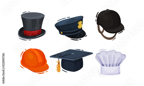Professional Headwear for Various Occupations Isolated on White Background Vector Set