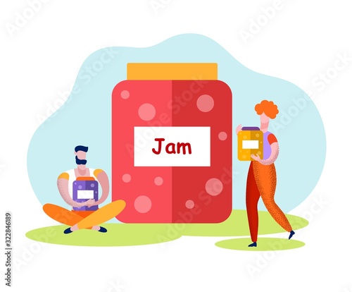 People with Jars in Hands. Big Jar with Jam. Grow Organic Vegetables. Vector Illustration. Healthy Food. Organic Food. Produced by Natural Products. Fresh Barries Jam. People and Organic Production.