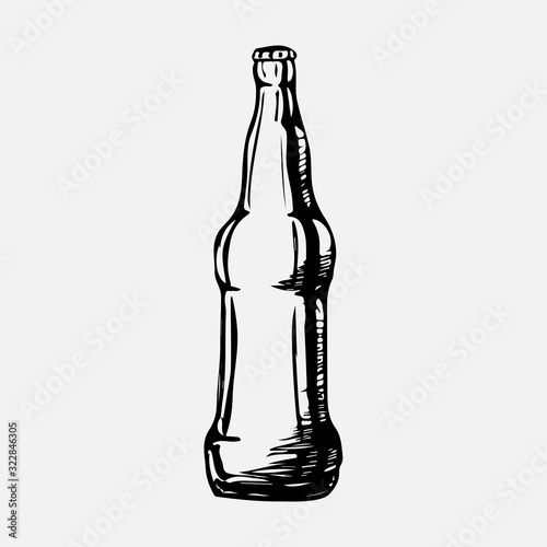 An empty glass bottle drawn by hand. A bottle of beer drawn with a pen. Vector eps illustration.