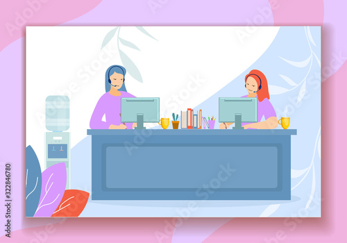 Operators in Headphones Work in Call Center Office. Two Women Customer Service and Technical Support Characters. Ladies Sitting at Desks with Computers. Vector Cartoon Flat Illustration