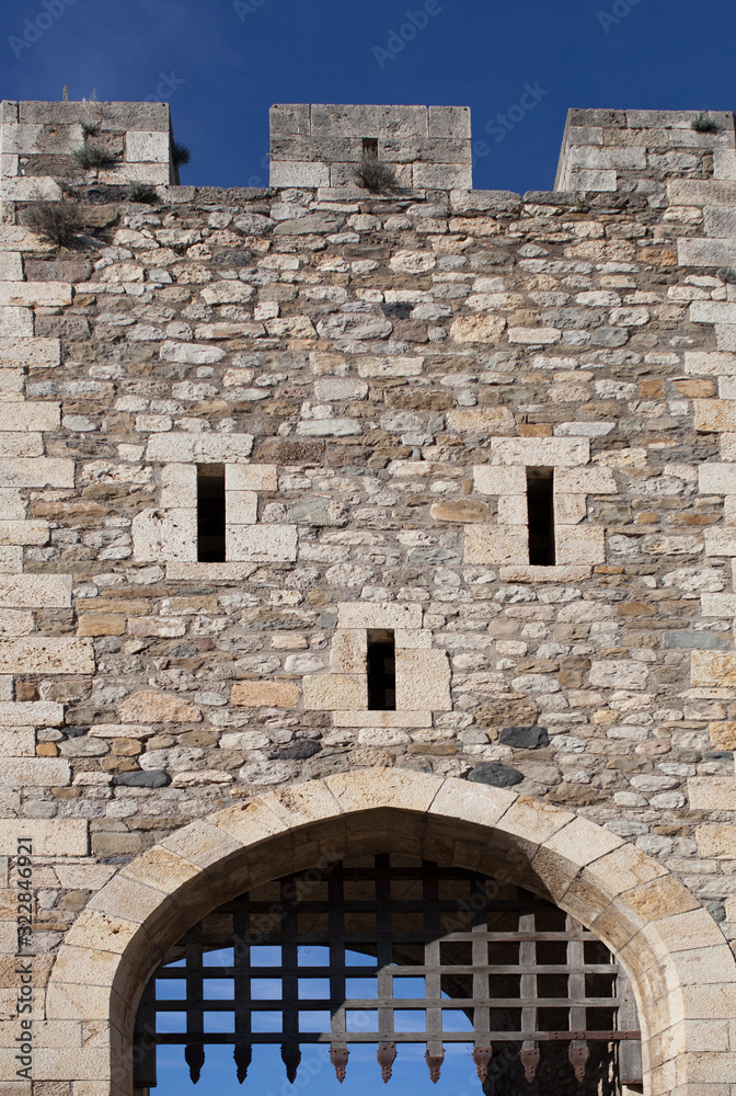 Portcullis of First defence tower. Medieval bridge of Besalu, Spain