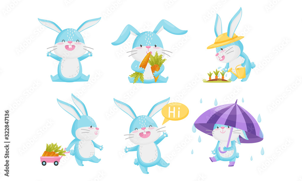 Obraz premium Cute Rabbit with Blue Coat Watering Carrot and Greeting Vector Set