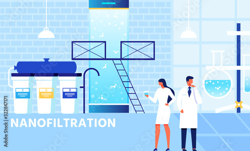 Factory Nanofiltration System. Cartoon Scientists Team Test Nanofilter Work Results Drinking Purified Water. Future Technologies in Aqua Treatment and Purification. Vector Flat Illustration