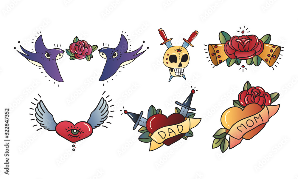 Old School Tattoo Elements and Symbols with Skull and Rose Flower ...