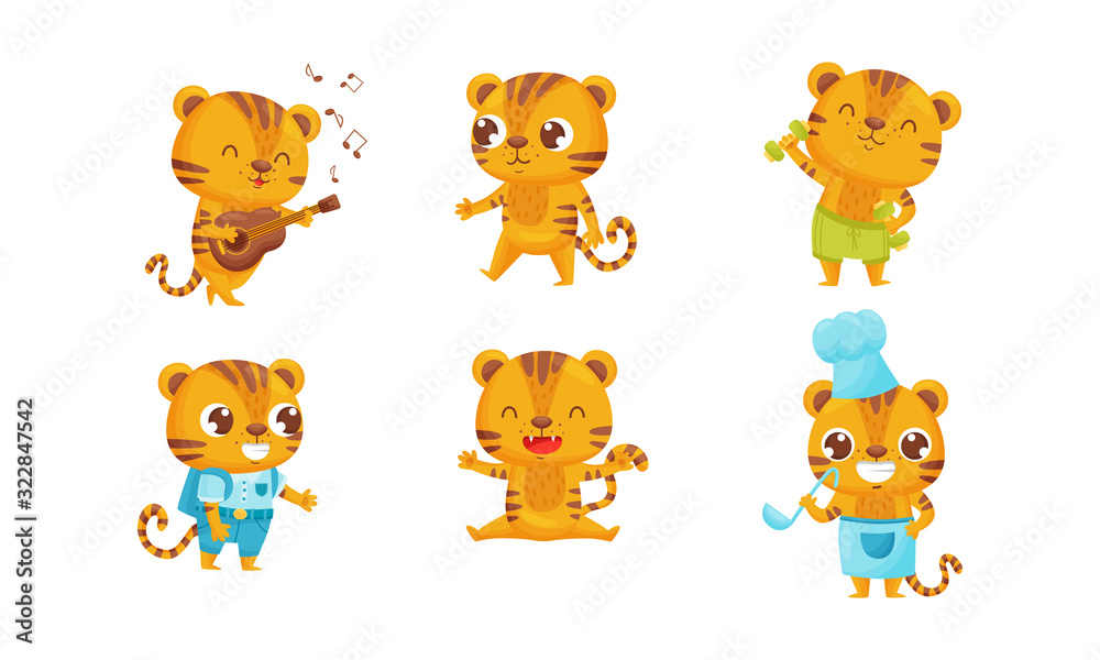 Cartoon Tiger Cub Playing Guitar and Doing Physical Exercise Vector Set Cartoon Tiger Cub Playing Guitar and Doing Physical Exercise Vector Set