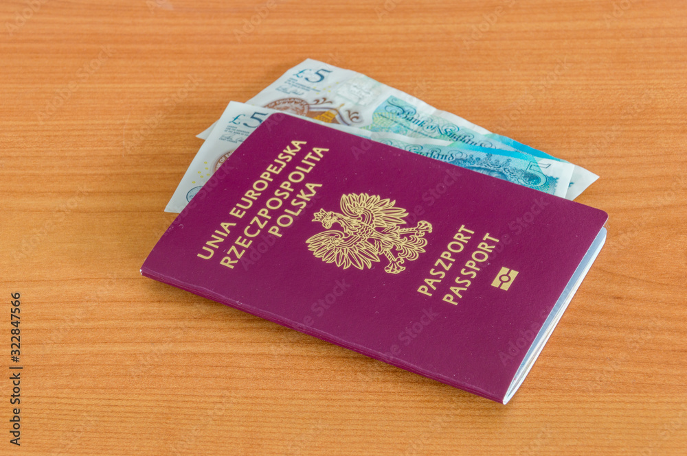 Polish biometric passport with Pound sterling banknotes. Polish biometric passport with Pound sterling banknotes.