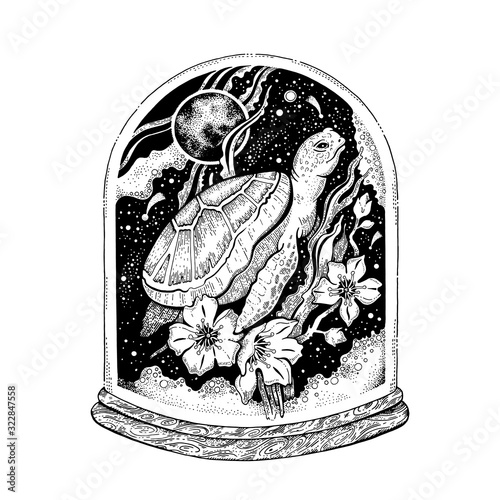 Surreal tattoo sea turtle animal design concept. Black line turtle art, hipster boho style. For temporary tattoo, coloring book, poster, t-shirt print. Tribal engraved vector isolated white background