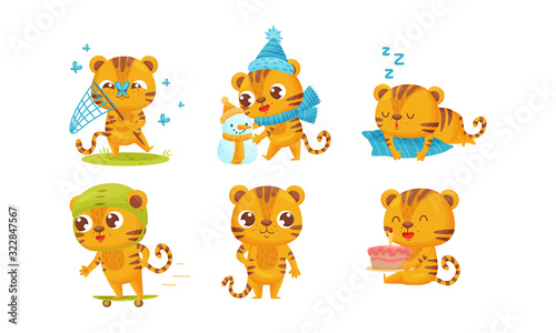 Cartoon Tiger Cub Catching Butterflies with Net and Building Snowman Vector Set