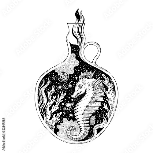 Surreal tattoo sea horse animal design concept. Black line seahorse in coral art, hipster boho style. For tattoo, coloring book, poster, t-shirt print. Tribal engraved vector isolated white background