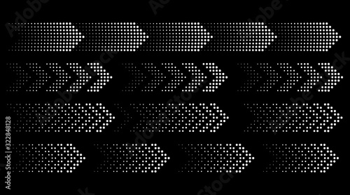 Set of arrows. Silhouettes collection of white pointers with halftone effect on black background. Vector illustration