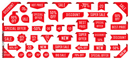 Sale tags. Discount label set. Red price banners. Vector